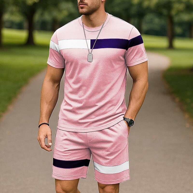 Men's T-shirt Suits 2 Pieces Outfits Tee & Shorts Short Sleeve Crew Neck Summer Color Block Fashion Casual 2 Piece Vacation Daily Wear Going out Black White Pink Top Tee for Men4