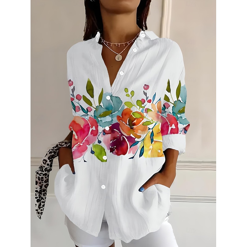 Women's Shirt Button Down Tunic Shirt Collar Long Sleeve Ombre Floral Graphic Bohemia Active Daily Regular Tops Work Daily s Print White Pink Blue Purple Orange Spring Fall3