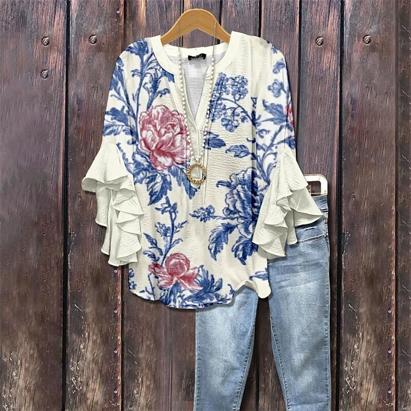 Women's T Shirt Tee Top Floral Graphic Fashion Modern Half Sleeve V Neck Regular Tops Daily Going out Ruffle Print White Orange Brown Summer Spring