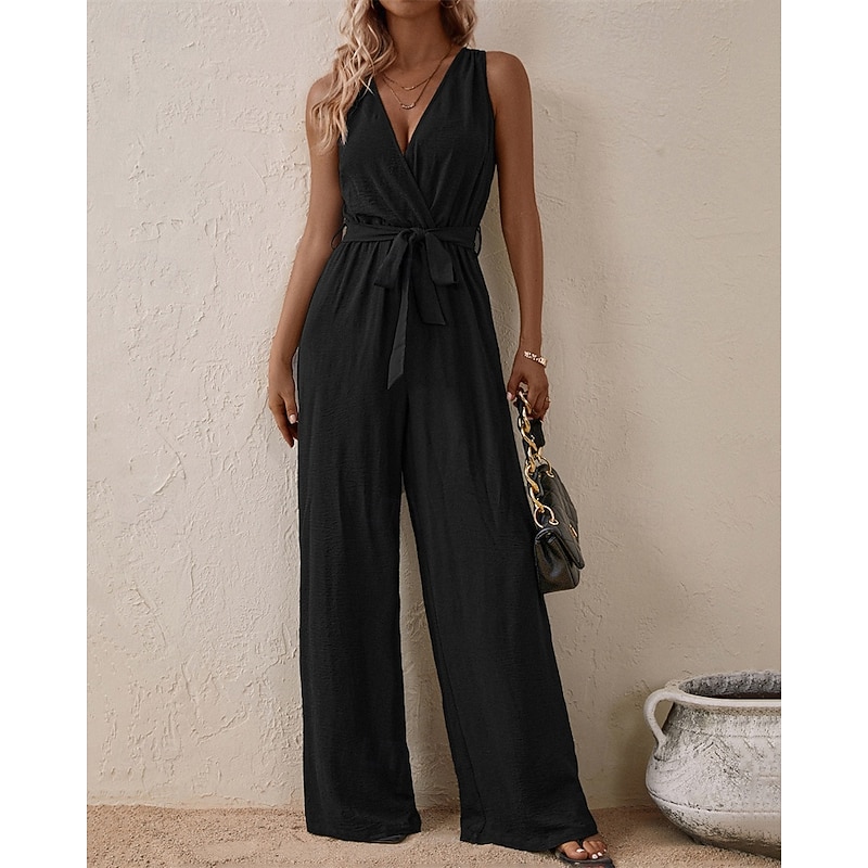 Women's Normal Jumpsuit Streetwear Solid Color Sleeveless V Neck Bow Street Daily Regular Fit Black Navy Blue Royal Blue Summer