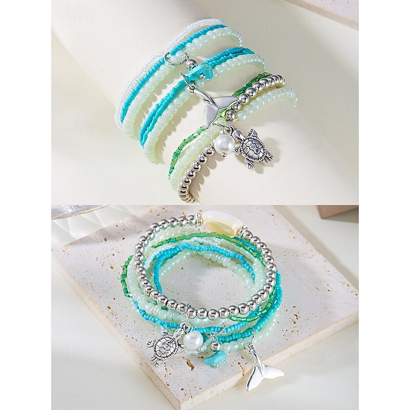 Turtle and Whale Tail Beaded Bracelet Set for Women  Ocean-Inspired Jewelry with Pearl, Turquoise, and Silver Accents  Perfect for Beach, Summer and Bohemian Style4