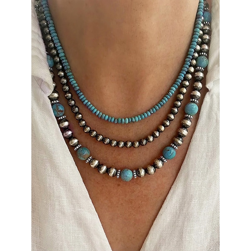 Women's Turquoise Beaded Layered Necklace – Southwestern Boho Style Jewelry for Casual Outfits, Beach Parties and Summer Festivals