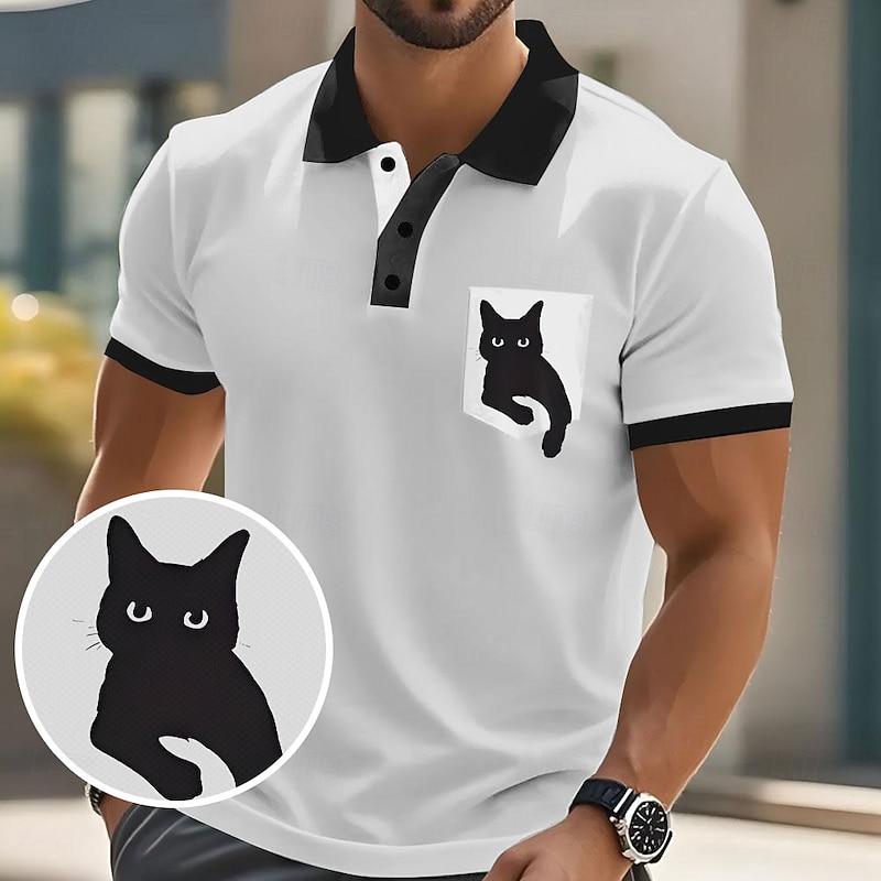 Men's Animal Cat Polo Short Sleeve Polo Shirts Collared Shirts Business Casual Outdoor Athleisure Daily Wear Buttons 3D Print Summer White Light Green Light Brown - Main Image