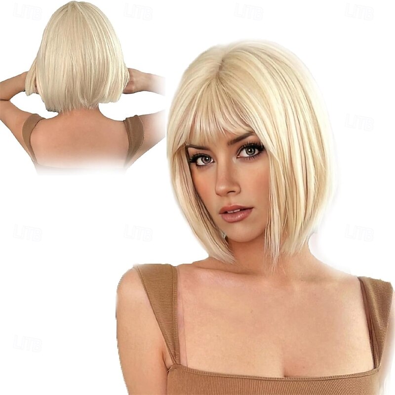 Short Blonde Bob Wig With Bangs for Women - Straight Stylish Ladies Wig for Daily and Party Use Cosplay Halloween Christmas