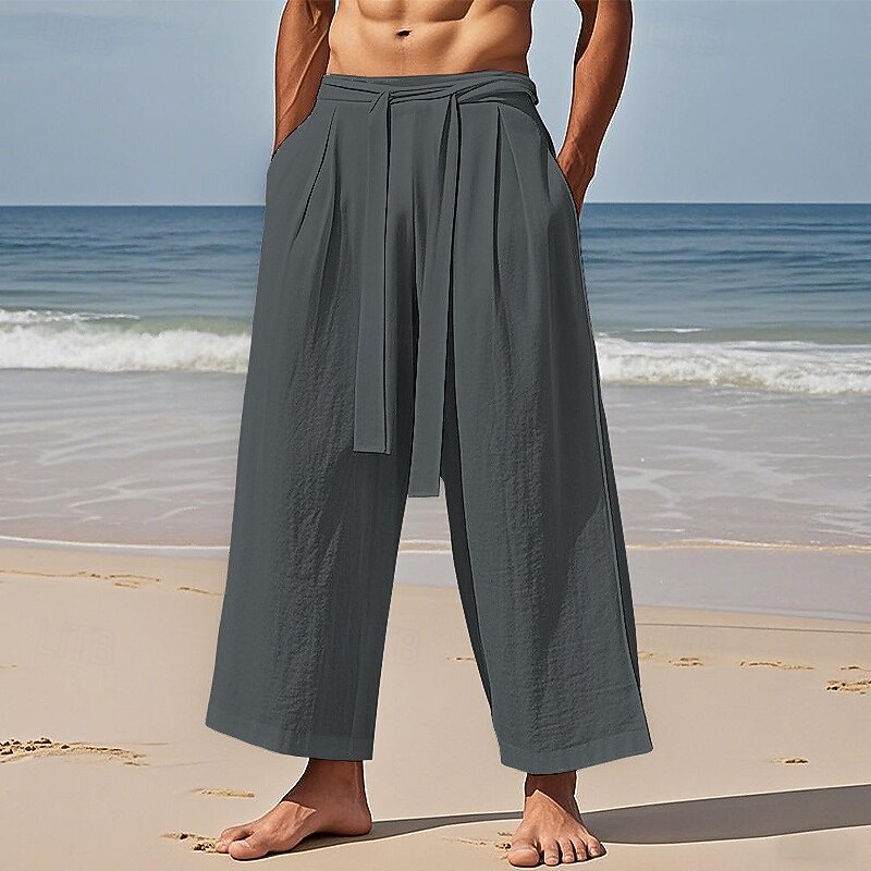 Men's Linen Pants Trousers Summer Pants Beach Pants Pocket Drawstring Elastic Waist Plain Comfort Breathable Vacation Daily Holiday Hawaiian Boho Black Beige3