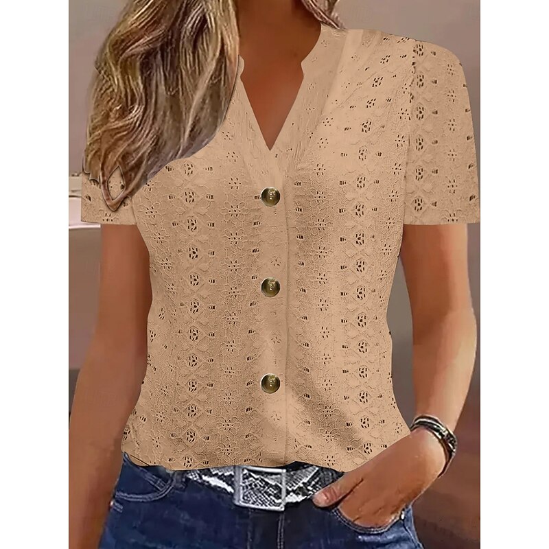 Women's T Shirt Solid Color Plain Basic Modern Casual Short Sleeve V Neck Regular Tops Daily Weekend Buttons Eyelet White Wine Fuchsia Khaki Summer3