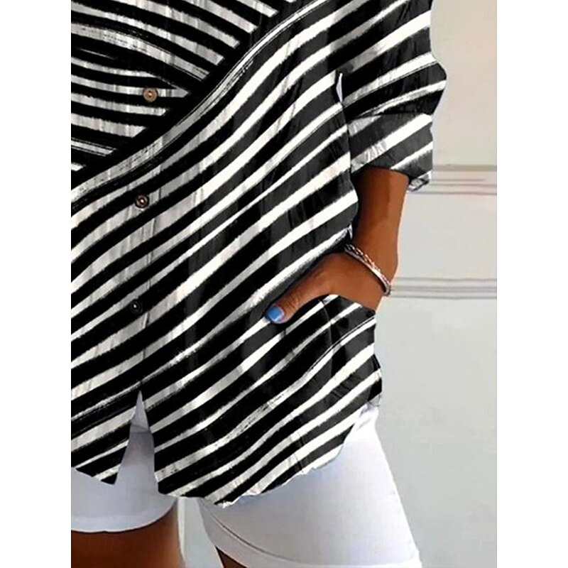 Women's Shirt Button Down Tunic Shirt Collar Long Sleeve Graphic Geometric Striped Vintage Tropical Daily Regular Tops Work Daily s Print Black Spring3