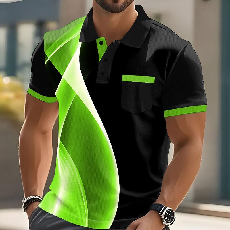 Male Geometic Line Polo Short Sleeve Turndown Business Sports & Outdoor Athleisure Casual Daily Buttons Pocket Summer Lake blue Robin's Egg Blue Grey3