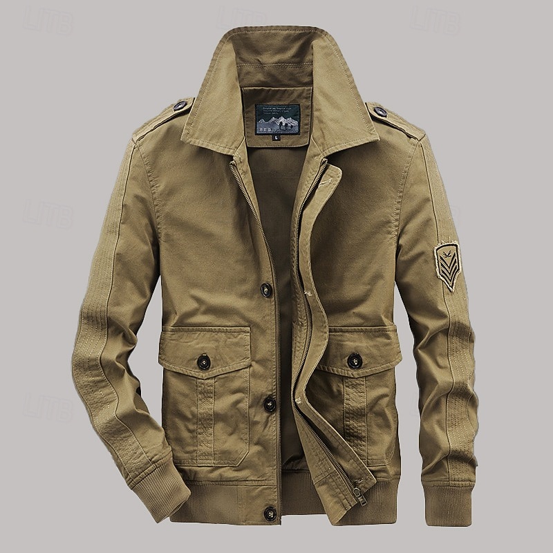 Men's Cargo Jacket Transition Jacket Going out Wearproof Pocket All Seasons Plain Classic Lapel Regular Navy Blue Khaki Army Green Jacket3