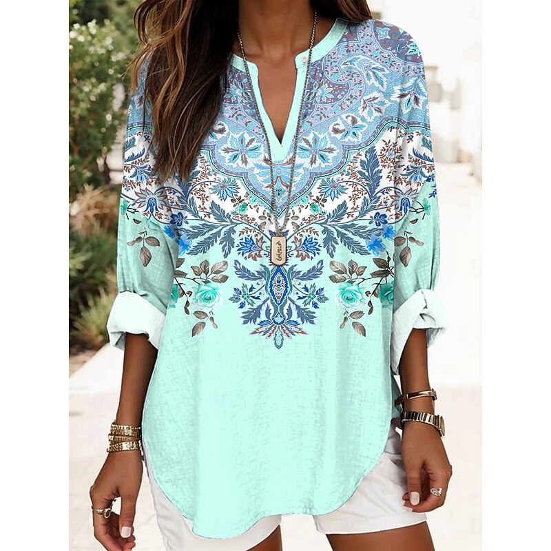 Women's Blouse Tunic V Neck Long Sleeve Boho Casual Tops Floral Graphic Elegant Stylish Regular Tops Daily Print Pink Blue Purple4