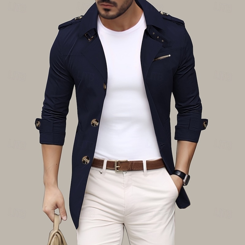 Men's Transition Jacket Trench Coat Going out Spring &  Fall Polyester Windbreaker Outerwear Clothing Apparel Streetwear Plain Turndown Single Breasted