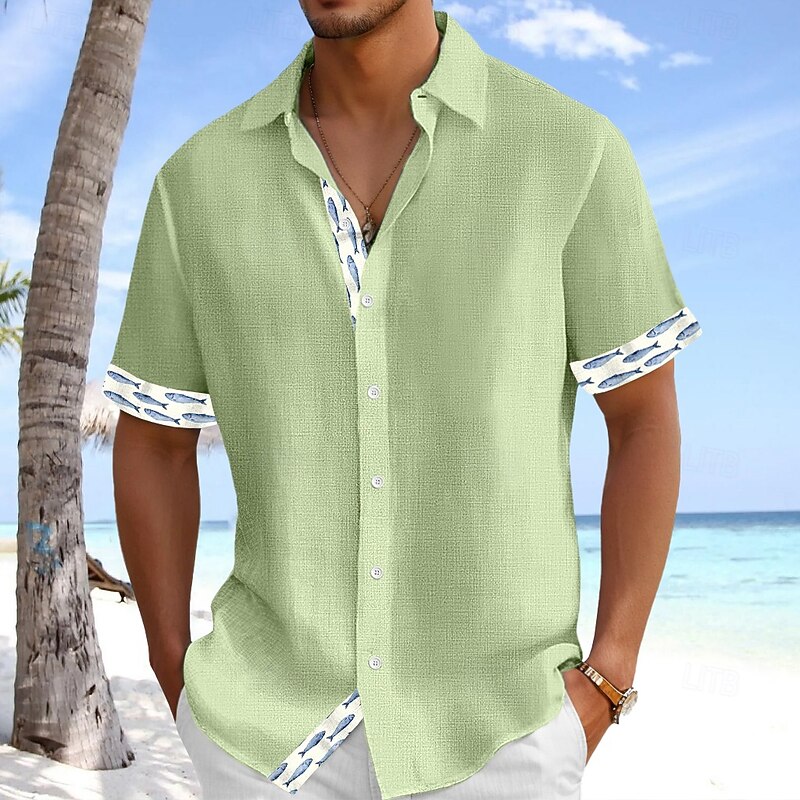 Men's Linen Shirt Summer Shirt Beach Wear Summer Hawaiian Shirt Button Up Shirt Fish Vacation Holiday White Pink Blue Green Short Sleeve Turndown Summer Spring Clothing Apparel3