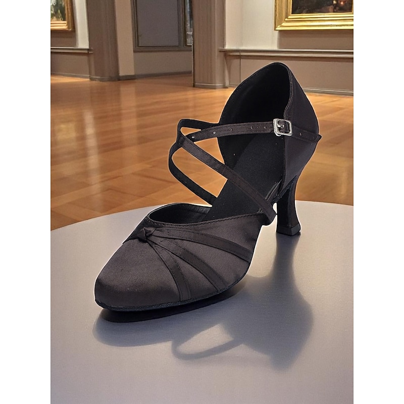 Women's Black Satin Crisscross Ballroom Dance Shoes - Classic Mid-Heel Latin Heels for Professional Performers and Social Dancers3