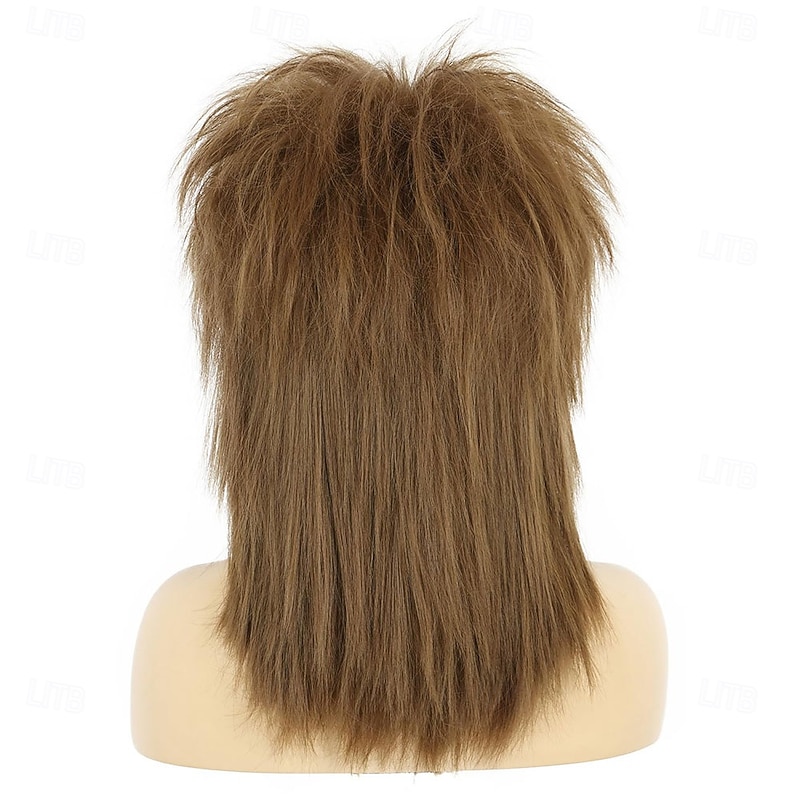 70s 80s Mullet Wig Women Shoulder Length Straight Brown Wig with Necklace Rock Disco Cosplay Party Halloween Costume Wig4