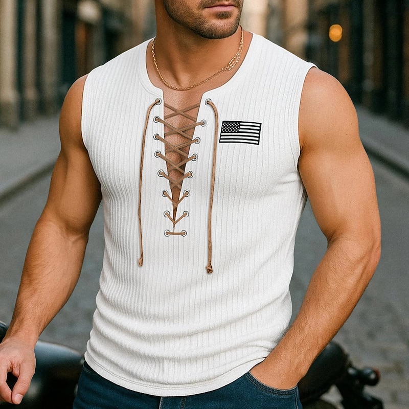 Men's Tank Top Sleeveless Shirt Muscle Shirt Wife beater Shirt Sleeveless Crew Neck Summer Plain Fashion Designer Modern Lace up Outdoor Casual Going out Black White Navy Blue Top Tee for Men