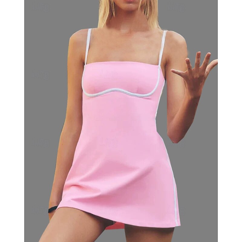 Women's Patchwork Tennis Dress with Built in Shorts and Bra Sports Dress Sleeveless Contrast Binding Quick Dry Moisture Wicking Tennis Golf Pickleball Spaghetti Strap Dress Light Yellow Black Pink2