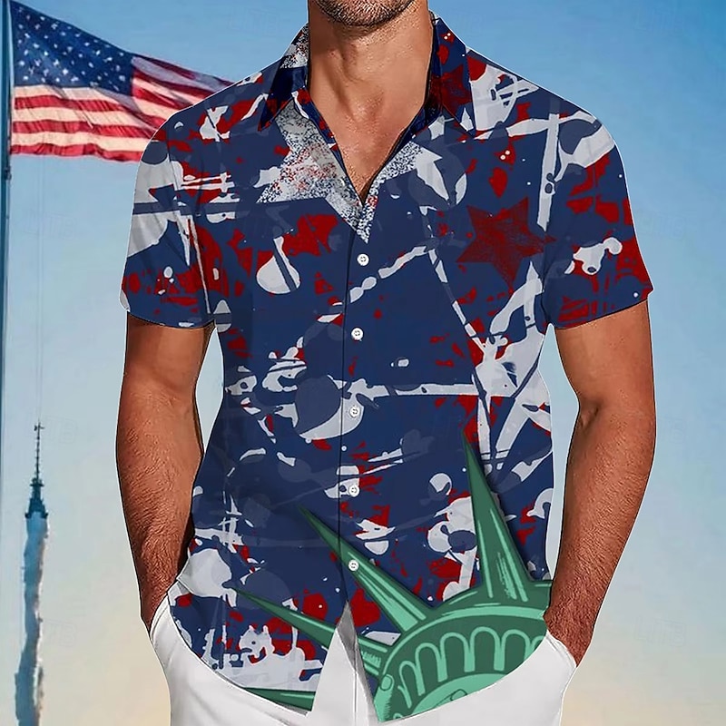 Independence Day Men's American US Flag Patriotic Shirt Summer Shirt Button Up Shirt Short Sleeve Fashion Casual Outdoor Holiday Summer Spring Turndown 3D Print Collared Shirts Blue 1# Blue Dark Blue3