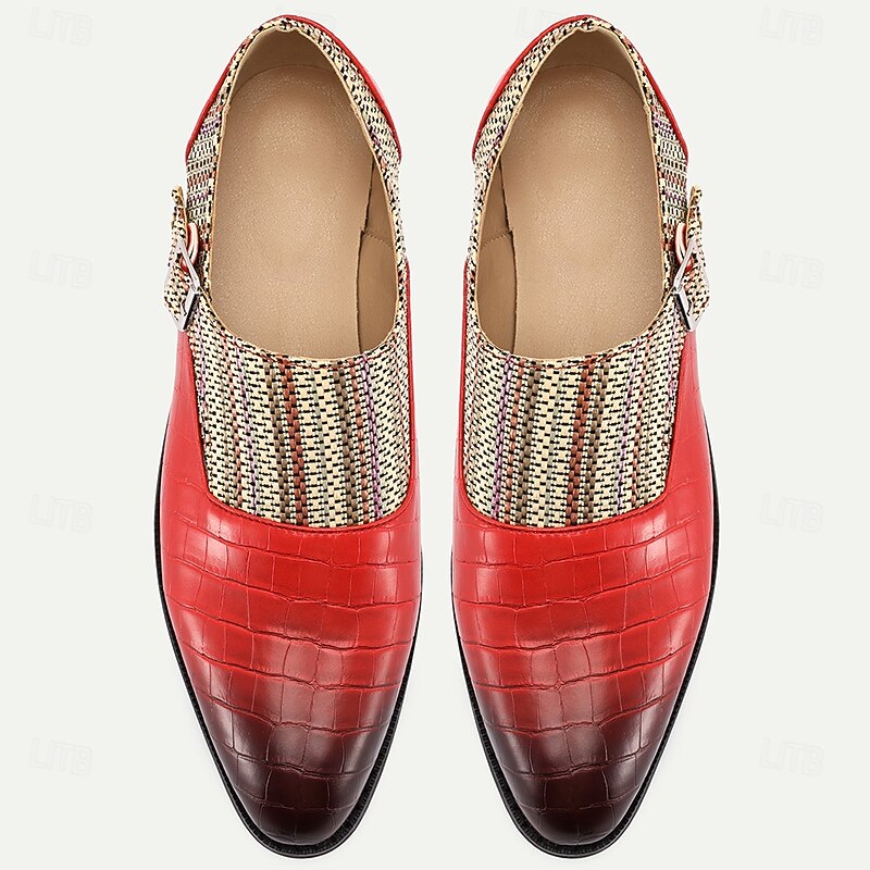 Men's Red Crocodile Pattern Monk Strap Loafers with Breathable Woven Nylon Upper Faux Leather Dress Shoes for Adults Suitable for Weddings Business Parties4