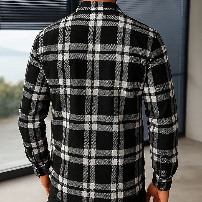 Men's Shirt Flannel Shirt Plaid Shirt Button Up Shirt Overshirt Shacket Plaid / Check Outdoor Daily Wear Black Long Sleeve Lapel Spring &  Fall Clothing Apparel Pocket2