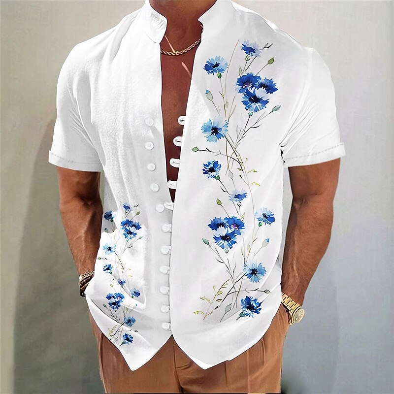 Men's Floral Print Flowers Summer Hawaiian Shirt Aloha Shirt Stand Collar Shirt Short Sleeve Hawaiian Vacation Beach Wear Summer Spring Mandarin Collar 3D Print Button Down Shirts Pink Blue Purple2