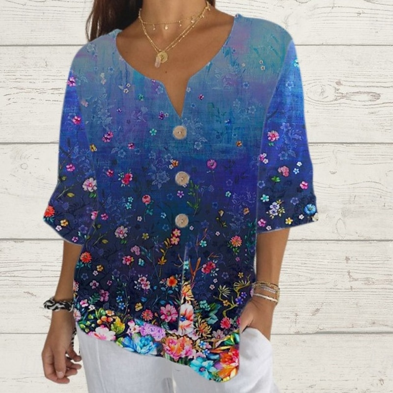 Women's Shirt Summer Tops Floral Graphic Classic Casual 3/4 Length Sleeve V Neck Regular Tops Daily Weekend Print Blue Summer Spring Fall - Main Image