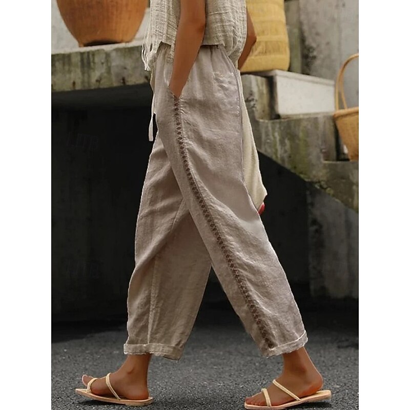 Women's Chinos Vacation Vintage Ethnic Style Full Length High Waist Floral Lines / Waves Elastic Waistband Stripe Print Soft Outdoor Breathable Micro-elastic Formal Outdoor Vacation Camel Black Blue2