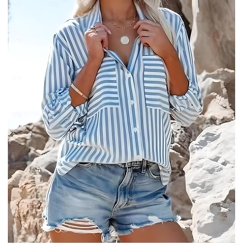 Women's Shirt Long Sleeve Button Down Blouse BGeometric Striped Vintage Tropical Stylish Shirt Collar Regular Tops Work Daily Holiday Buttons Pocket Print Blue Summer Spring2