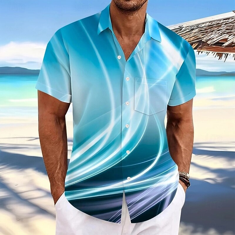 Men's Geometric Gradient Line Shirt Summer Shirt Button Up Shirt Short Sleeve Fashion Casual Outdoor Vacation Dailywear Summer Spring Turndown 3D Print Collared Shirts Front One Pocket Blue