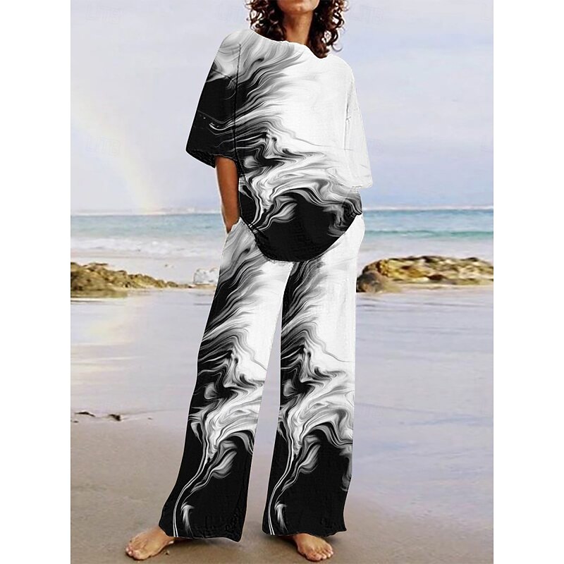 Women's Active Vacation Pants Sets Half Sleeve Crew Neck Ombre Floral Print Casual Daily Black White Summer Regular Fit