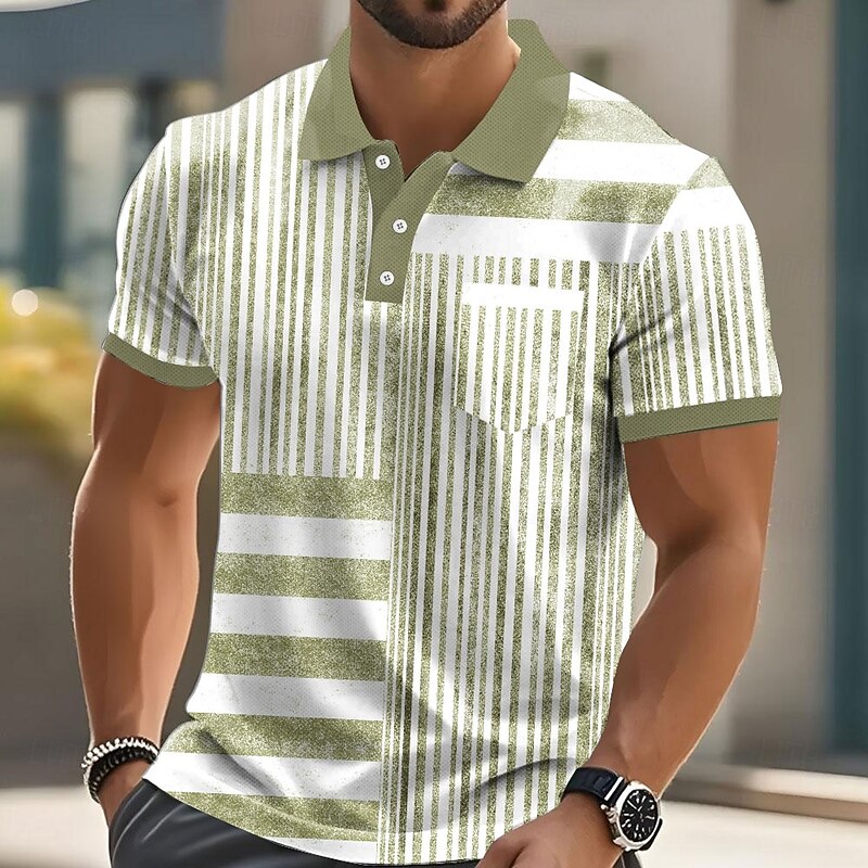 Men's Graphic Vertical Stripes Polo Short Sleeve Polo Shirts Collared Shirts Business Casual Outdoor Athleisure Daily Wear Buttons 3D Print Summer Blue Brown Green