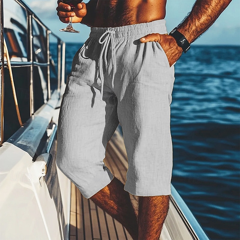 Men's Shorts Linen Shorts Summer Shorts Beach Shorts Pocket Drawstring Elastic Waist Plain Comfort Breathable Calf-Length Vacation Holiday Beach Hawaiian Boho Black White4
