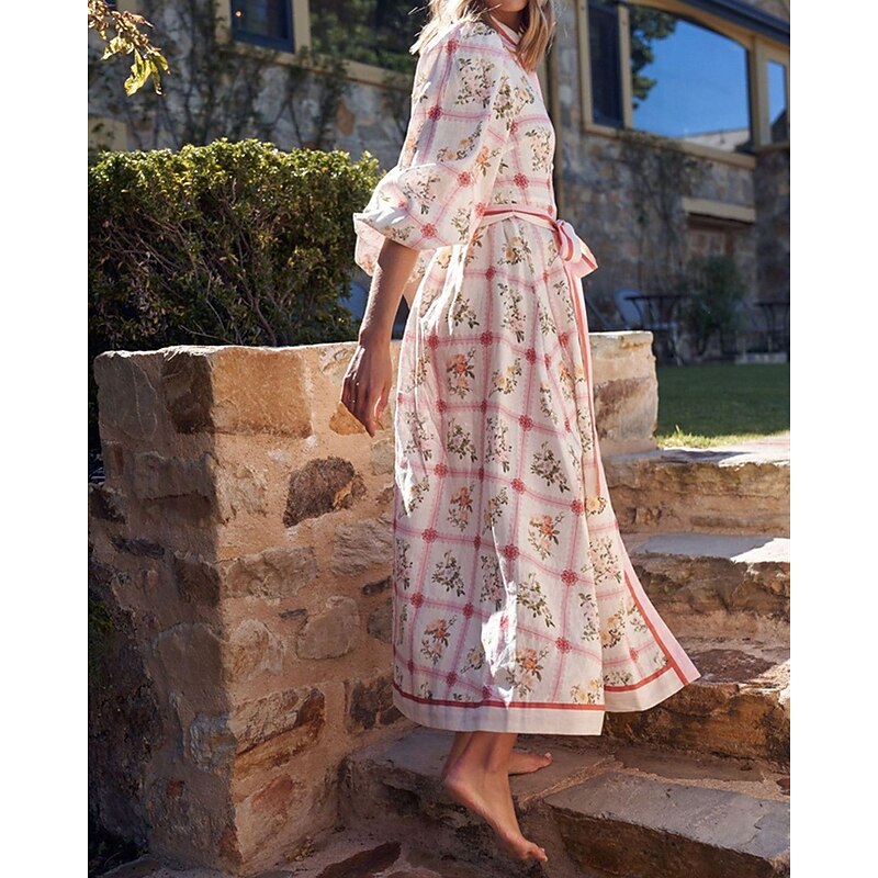 Women's Long Dress Maxi Dress Cotton Linen Dresses Casual Dress Fashion Outdoor Party Holiday Regular Fit Flower 3/4 Length Sleeve Shirt Collar Pink Summer2