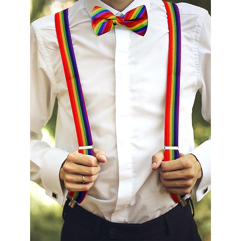Rainbow Bow Tie and Suspenders Set – Adjustable Elastic Accessories for Men and Women, Vibrant Pride Outfit for LGBT Festivals, Parades, Parties & Themed Events