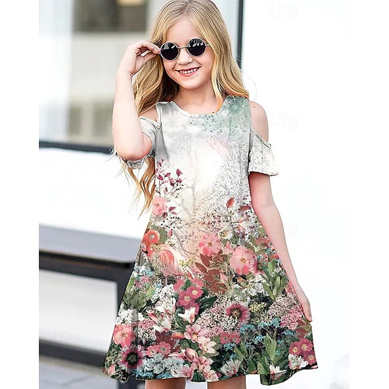 Girls' 3D Flower Dress Short Sleeve Summer Spring Vacation Daily Holiday Beautiful Sweet Kids 4-12 Years Casual Dress Knee-length Regular Fit2