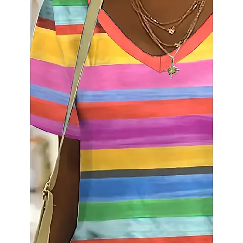 Women's T Shirt Summer Tops Graphic Striped Classic Casual Short Sleeve V Neck Crop Tops Daily Weekend Print Rainbow Summer Spring Fall4