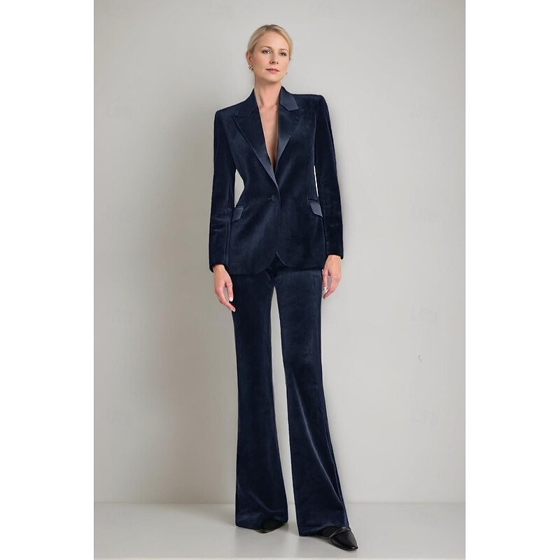 Women's 2 Pieces Suits Formal Wedding Guest Velvet Elegant Minimalist Long Sleeve Floor Length Peak Lapel Single Breasted4