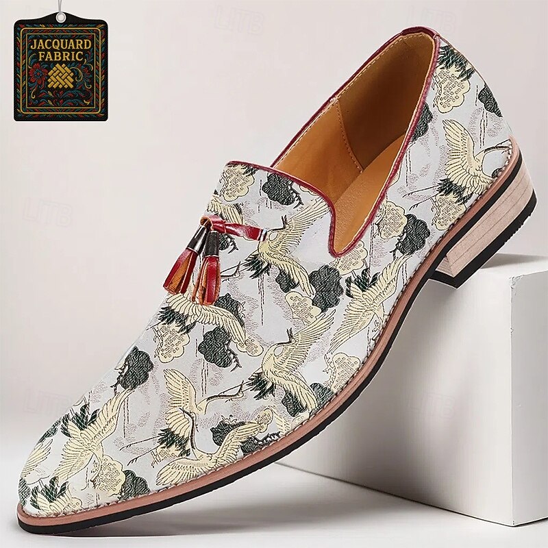 Men's Floral Jacquard Slip-On Loafers with Tassel Detail - Premium Embroidered Shoes for Semi-Formal and Casual Outings