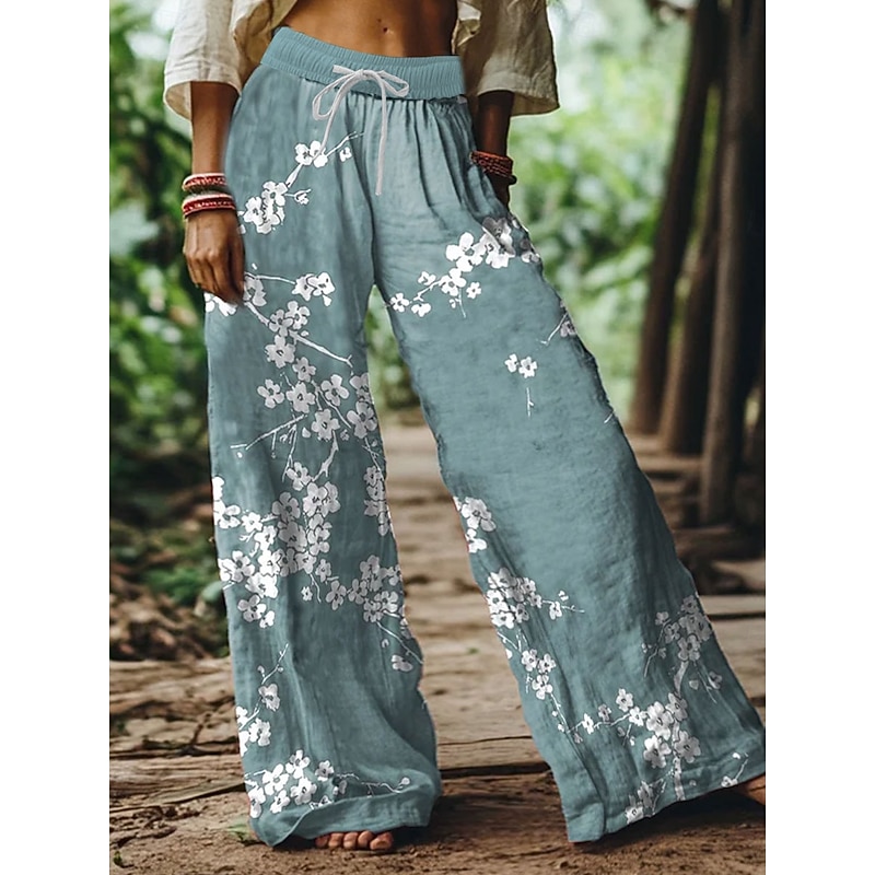 Women's Wide Leg Chinos Baggy Pants Vacation Vintage Fashion Full Length High Waist Floral Graphic Printing Soft Breathable Micro-elastic Formal Vacation Street Purple Green Gray Summer Spring Loose