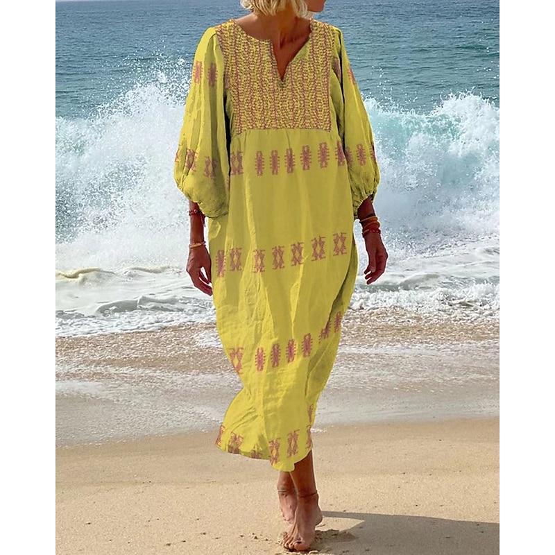 Women's Maxi Dress Shift Dress Casual Beach Regular Fit Floral 3/4 Length Sleeve V Neck White Yellow Blue Green Summer3