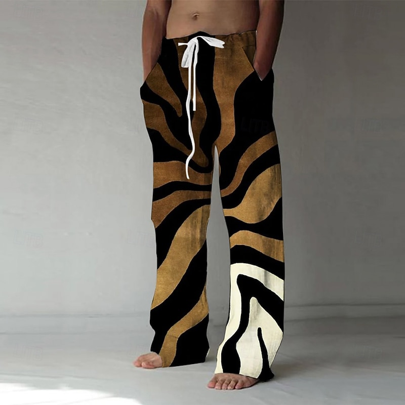 Men's Geometric Circle Waves Trousers Baggy Pants Casual Pants Mid Waist Casual Outdoor Vacation Side Pockets Wide Leg Elastic Drawstring Waist Summer Spring 3D Print Black Brown