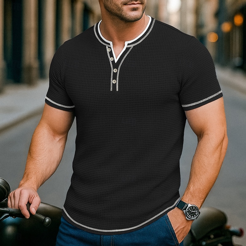 Men's Waffle Shirt V Neck Tee Short Sleeve Shirt Tee Top Short Sleeve V Neck Henley Summer Solid Color Daily Casual Patchwork Buttons Fake two piece Outdoor Street Causal Black White Blue Top Tee for