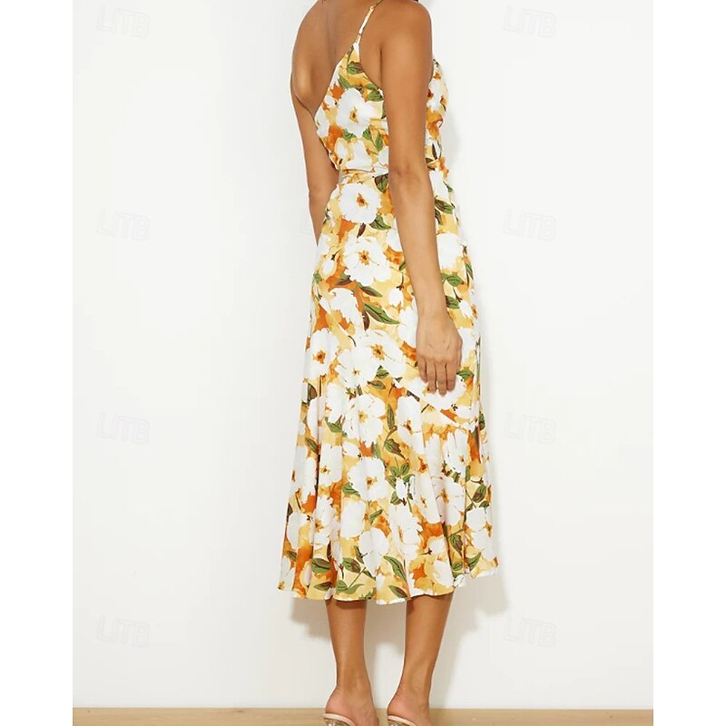 Women's Midi Dress Floral Dress Print Dress Fashion Modern Outdoor Vacation Weekend Regular Fit Flower Sleeveless One Shoulder Yellow Blue Purple Orange Summer3