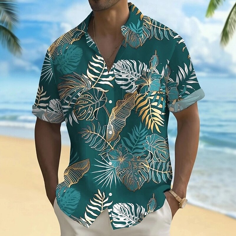 Men's Palm Leaf Tropical Plants Summer Hawaiian Shirt Button Up Shirt Aloha Shirt Short Sleeve Hawaiian Holiday Beach Wear Summer Spring Turndown 3D Print Collared Shirts Front One Pocket Black Green3