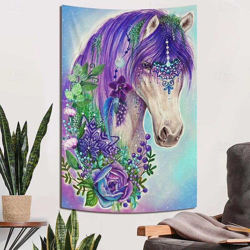 Sheena Pike Blacklight Tapestry Glow in the Dark Glow Party UV Reactive Trippy Misty Hanging Tapestry Wall Art Mural for Living Room Bedroom Gypsy Violet Horse4