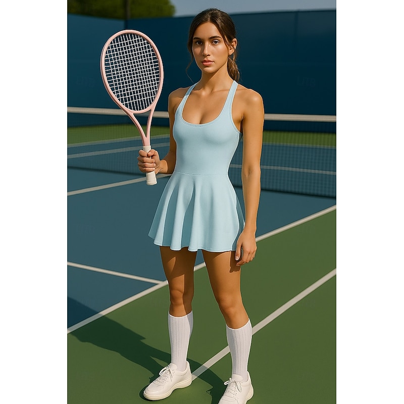 Women's Solid Colored Tennis Dress with Built in Shorts and Bra Sports Dress Sleeveless Pleated Breathable Tennis Golf Pickleball Square Neck Dress Racerback Light Blue Tennis Clothing