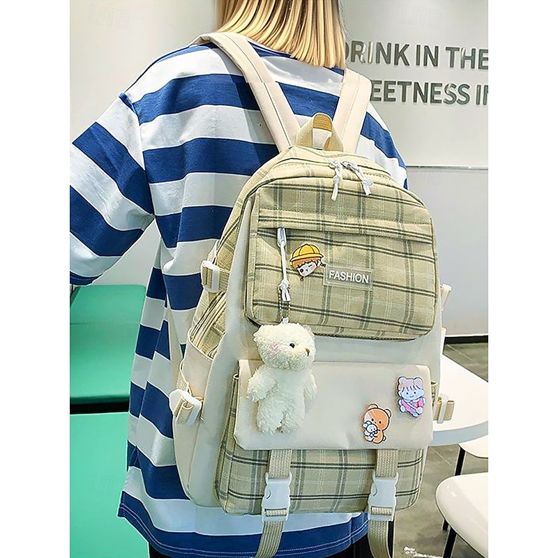 Girls 5-piece school backpack set with messenger bag, Pencil bag, Coin purse - Cute patchwork plaid design, Lightweight and durable, Suitable for teenagers and daily use2