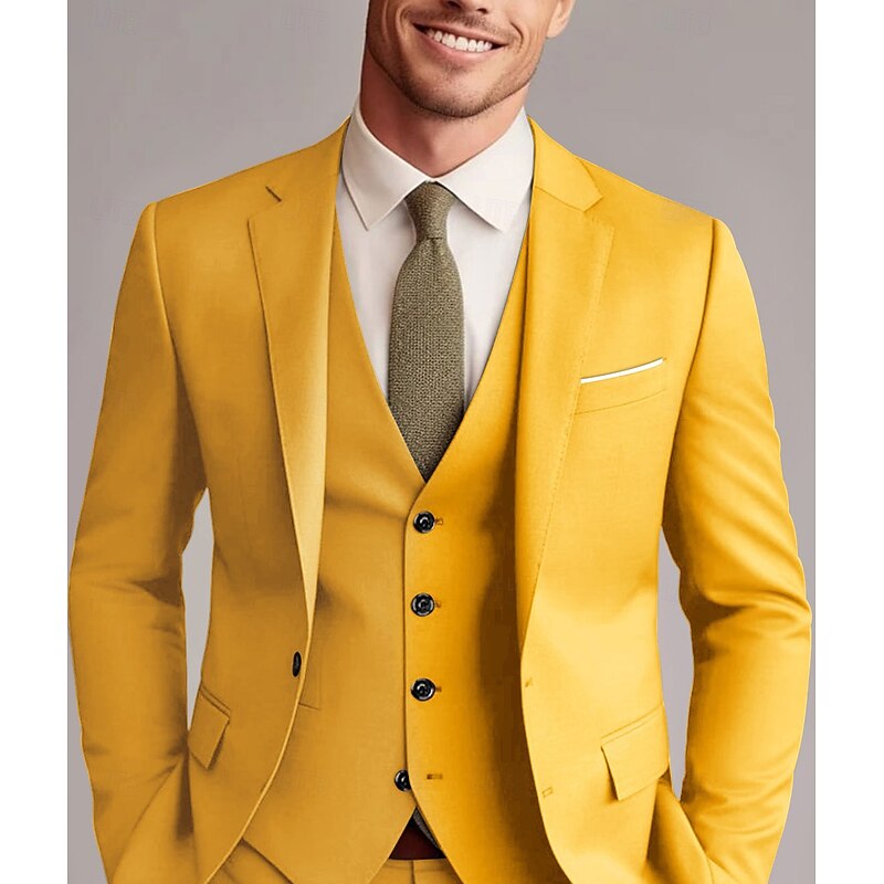 Men's Wedding Suits Notch White Yellow Solid Colored Slim Fit 3 Piece Single Breasted Two-buttons2