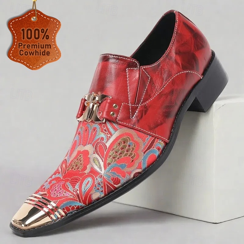 Men's Red and Gold Leather Dress Shoes with Gold Tip Paisley Pattern and Buckle Detail–Stylish, Premium, Perfect for Formal Events and Special Occasions