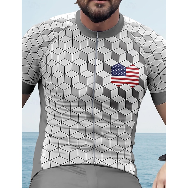Men's Cycling Jersey Graphic Geometric Independence Day Short Sleeve Bike Tee Tshirt Jersey Top with 3 Rear Pockets UV Resistant Quick Dry Front Zipper Reflective Strips Sports Silver Clothing Apparel3