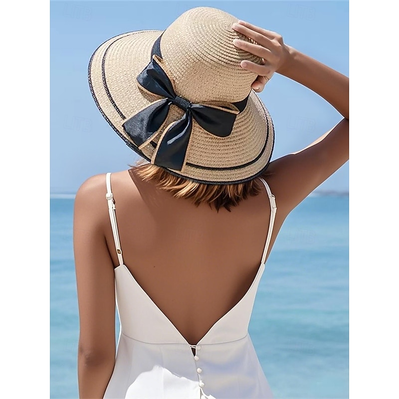 Women's Bow Straw Hat - Foldable for easy carrying, Stylish sun hat with black ribbon details, Perfect for the beach, Vacation and summer outdoor activities2
